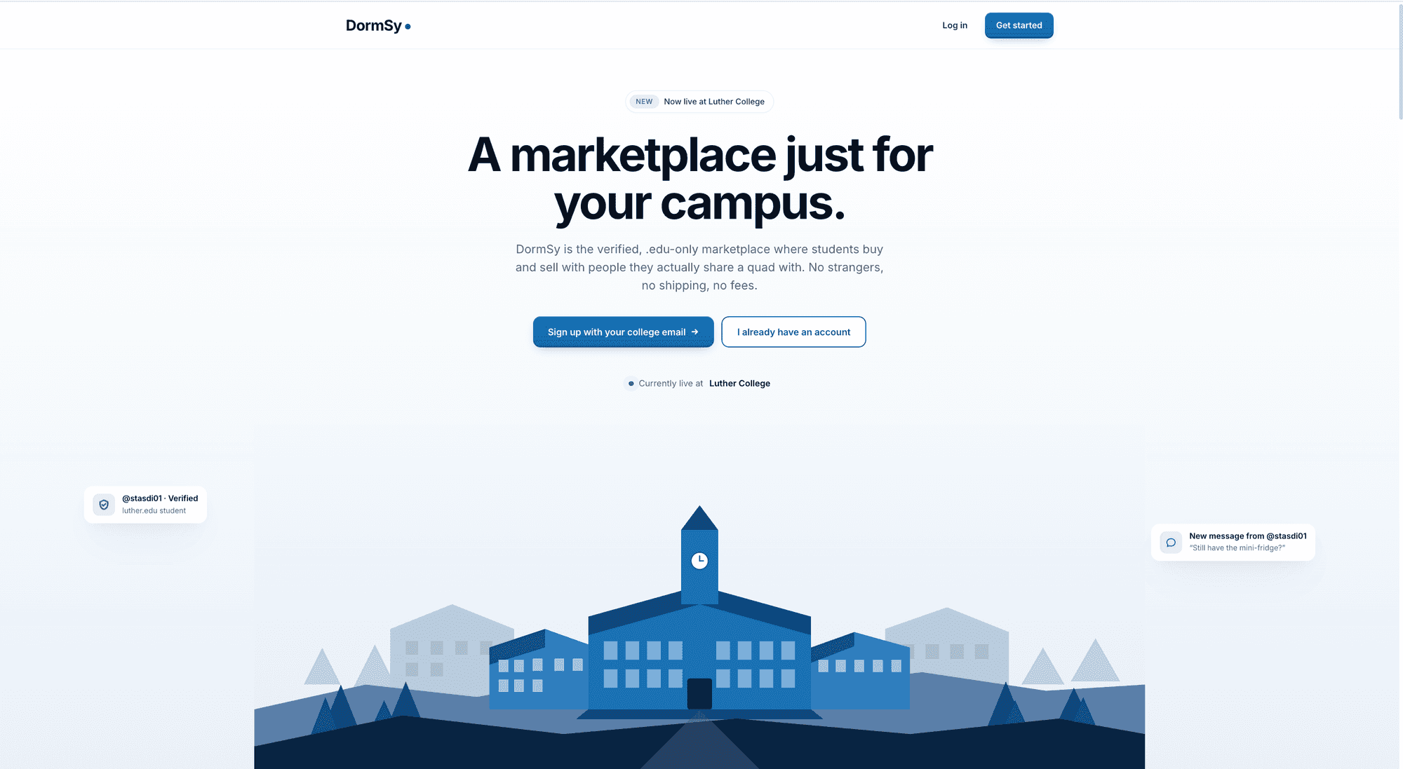 DormSy landing page: a marketplace just for your campus, live at Luther College