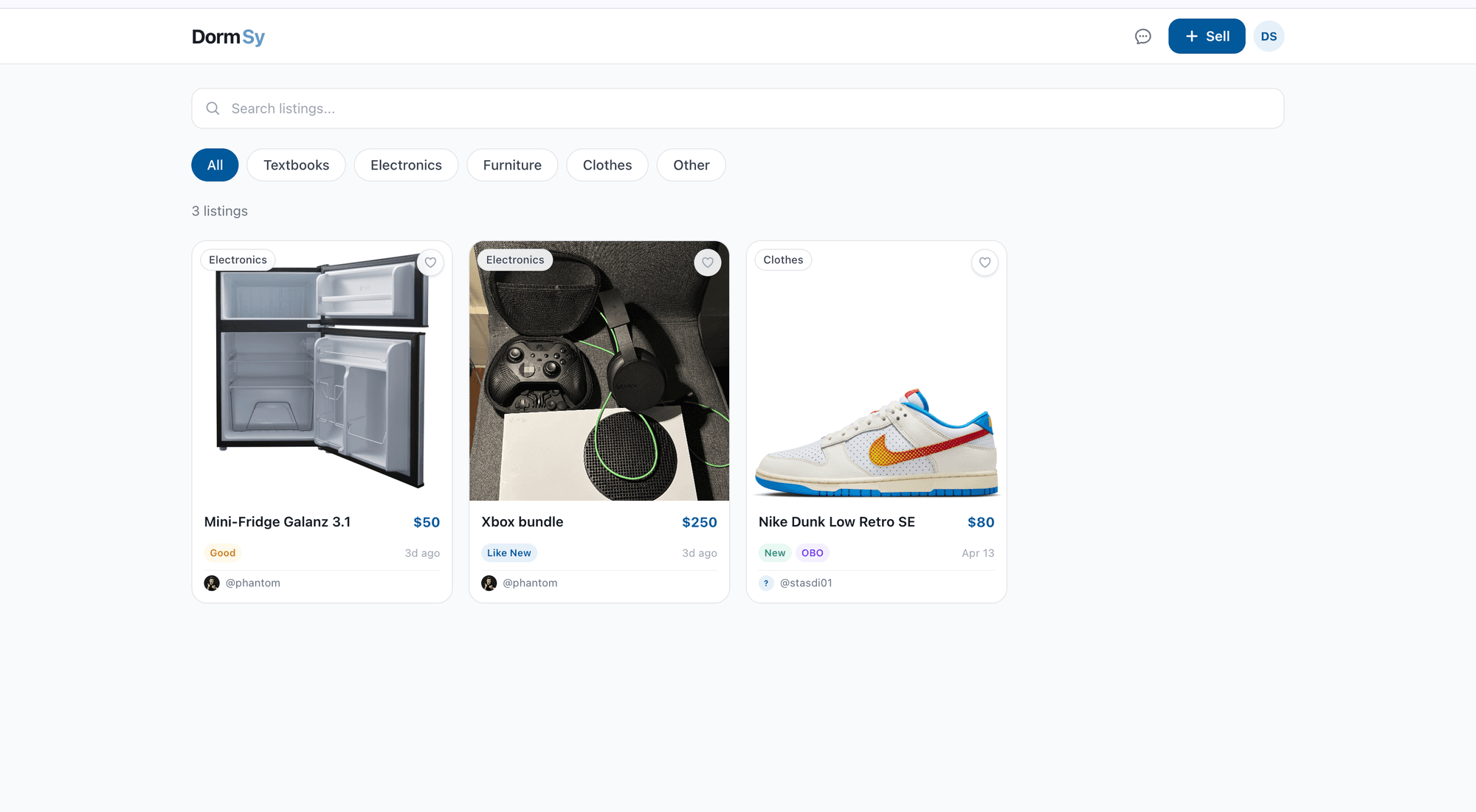 DormSy listings feed with search, category filters, and item cards