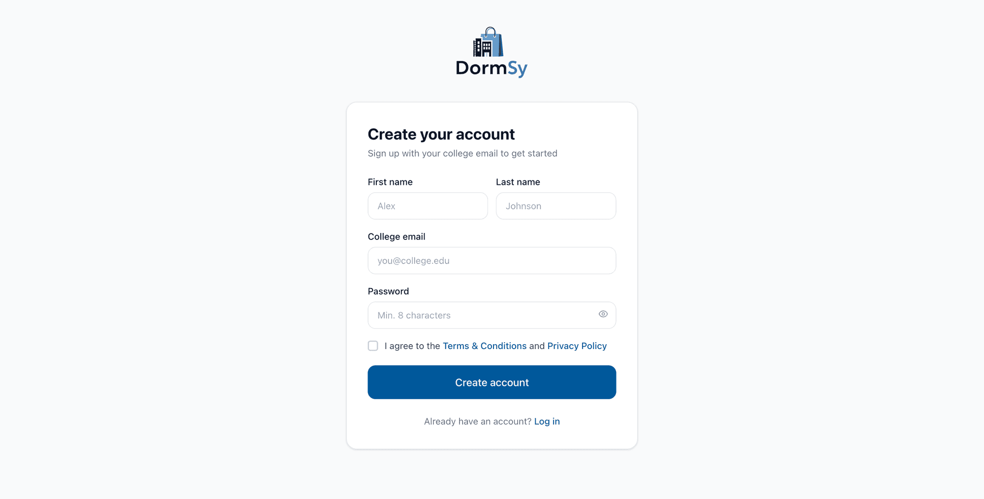 DormSy sign-up form gated to a verified .edu college email
